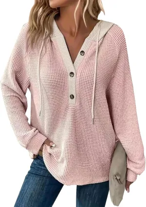 GOFULY Oversized Sweatshirt For Women Waffle Button Hoodie Fall V Neck Shirts Long Sleeve Solid Drawstring Hoodies Pullover