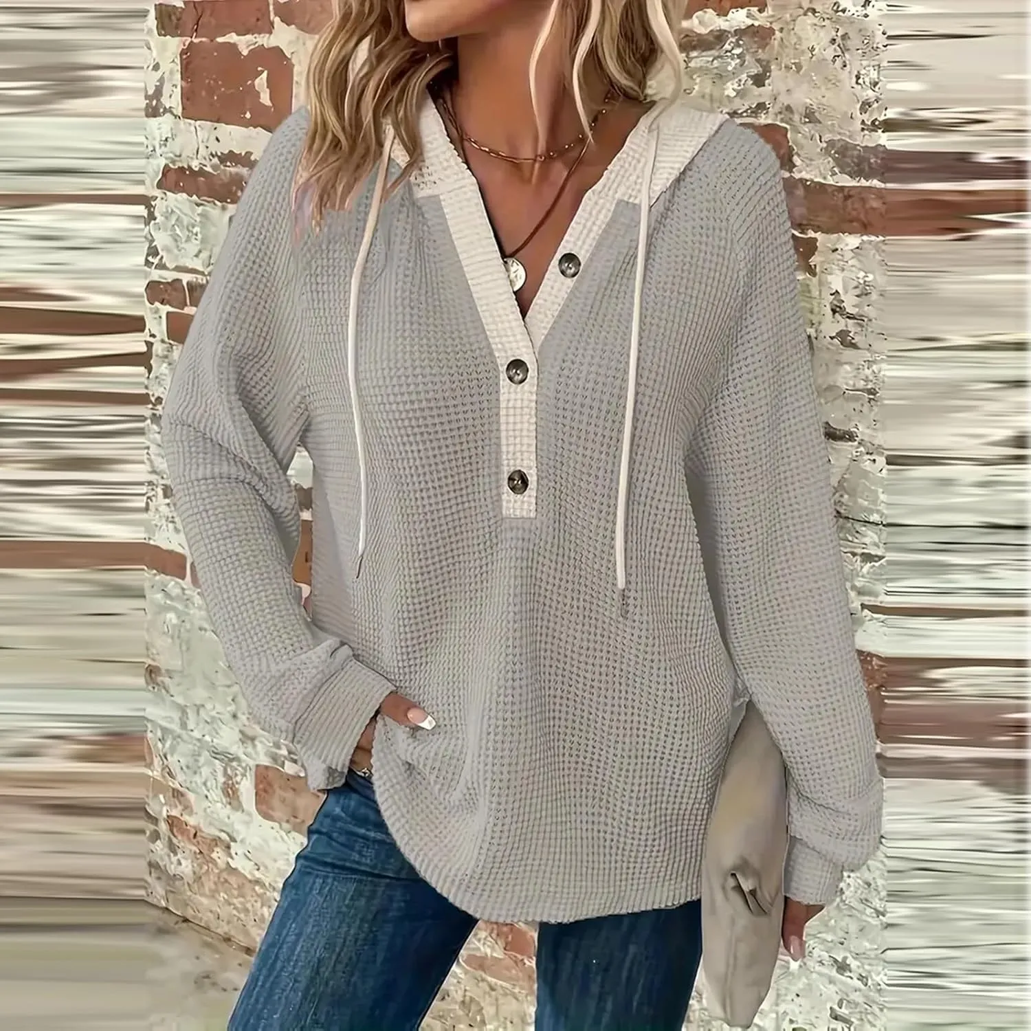 GOFULY Oversized Sweatshirt For Women Waffle Button Hoodie Fall V Neck Shirts Long Sleeve Solid Drawstring Hoodies Pullover