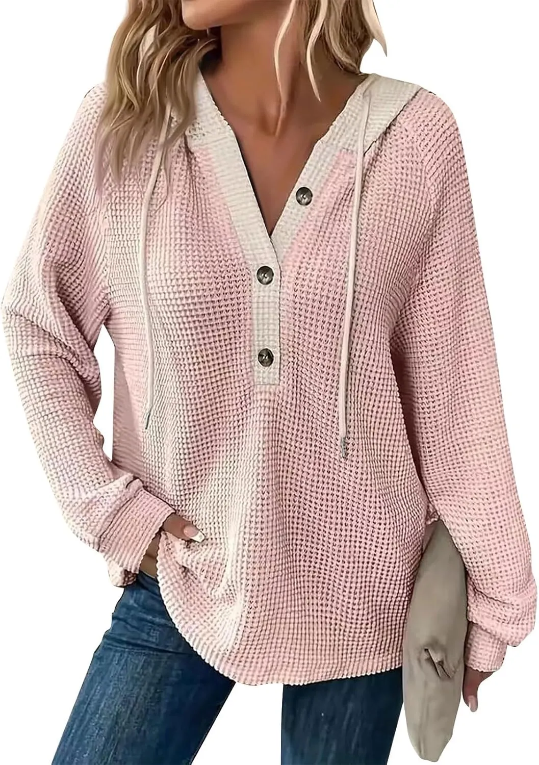GOFULY Oversized Sweatshirt For Women Waffle Button Hoodie Fall V Neck Shirts Long Sleeve Solid Drawstring Hoodies Pullover