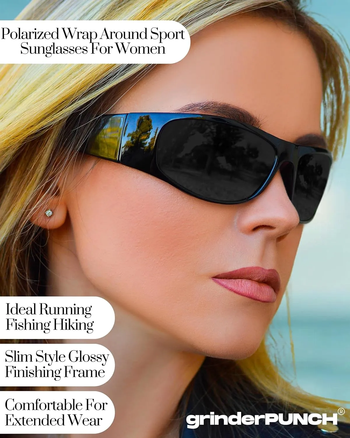 grinderPUNCH Super Dark Polarized Black Sunglasses | Biker Style Rider | Wrap Around Style Lightweight UV Protection