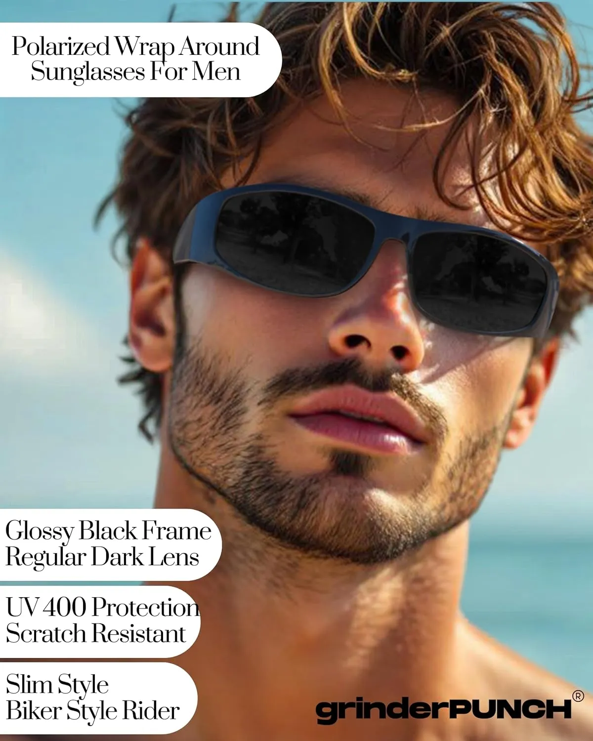 grinderPUNCH Super Dark Polarized Black Sunglasses | Biker Style Rider | Wrap Around Style Lightweight UV Protection
