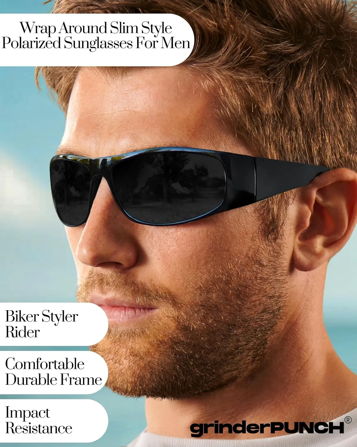 grinderPUNCH Super Dark Polarized Black Sunglasses | Biker Style Rider | Wrap Around Style Lightweight UV Protection
