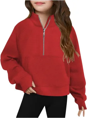 Half Zip Sweatshirt for Girls Long Sleeve Pullover Crop Tops Lightweight Fleece Spring Fall Clothes Thumb Hole