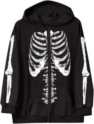 Halloween Mens Zip Up Hoodie Skeleton Graphic Print Oversized Long Sleeve Jacket Teens Preppy Loose Casual Pullover