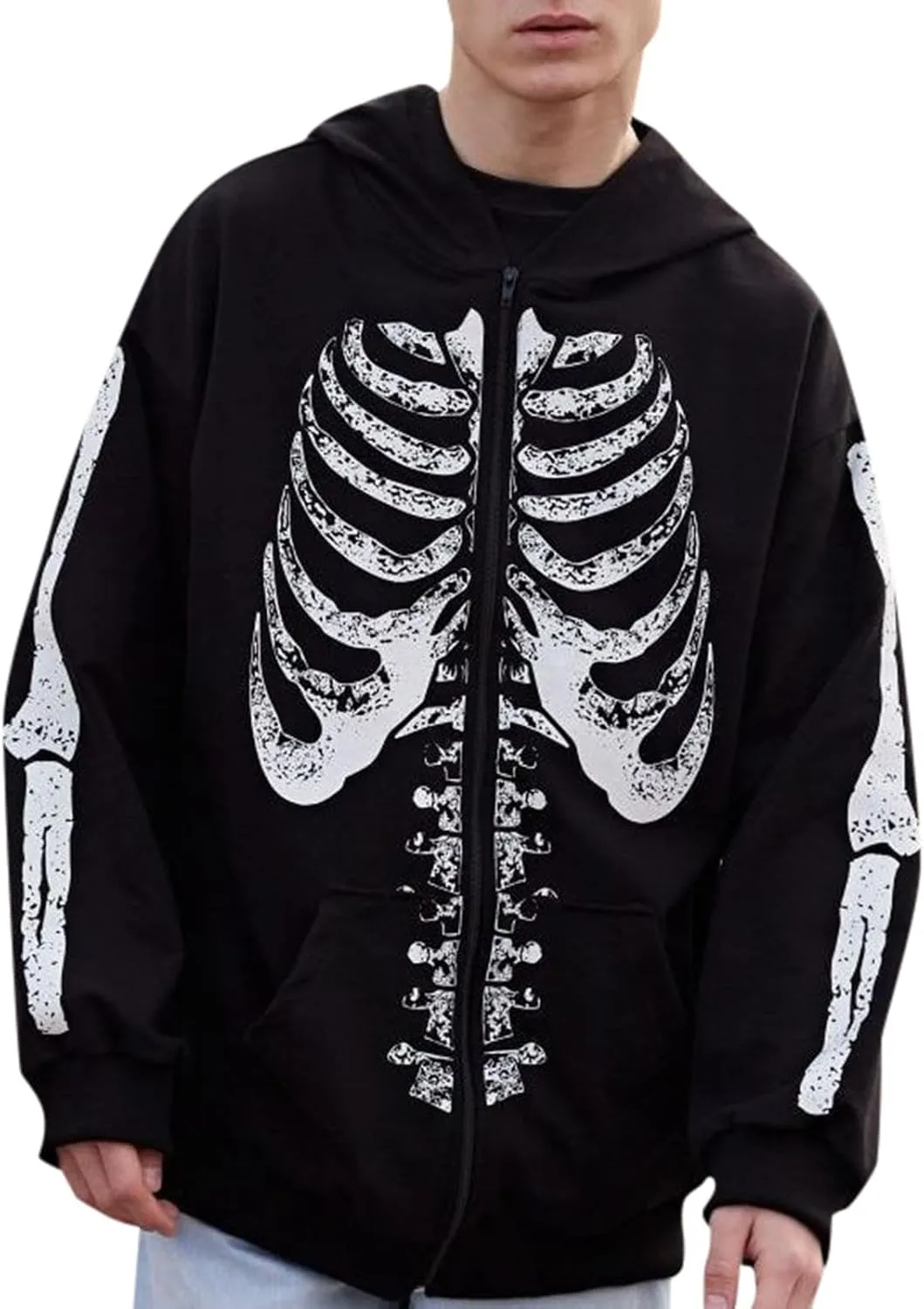 Halloween Mens Zip Up Hoodie Skeleton Graphic Print Oversized Long Sleeve Jacket Teens Preppy Loose Casual Pullover