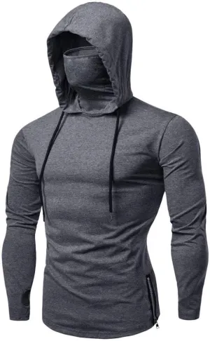 Hipster Workout Hooded Tops with Mask Novelty Casual Long Sleeve Hoodies Shirts Muscle Training Outdoor Pullover
