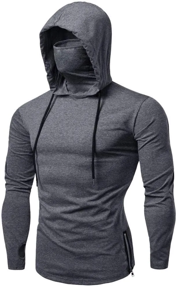 Hipster Workout Hooded Tops with Mask Novelty Casual Long Sleeve Hoodies Shirts Muscle Training Outdoor Pullover