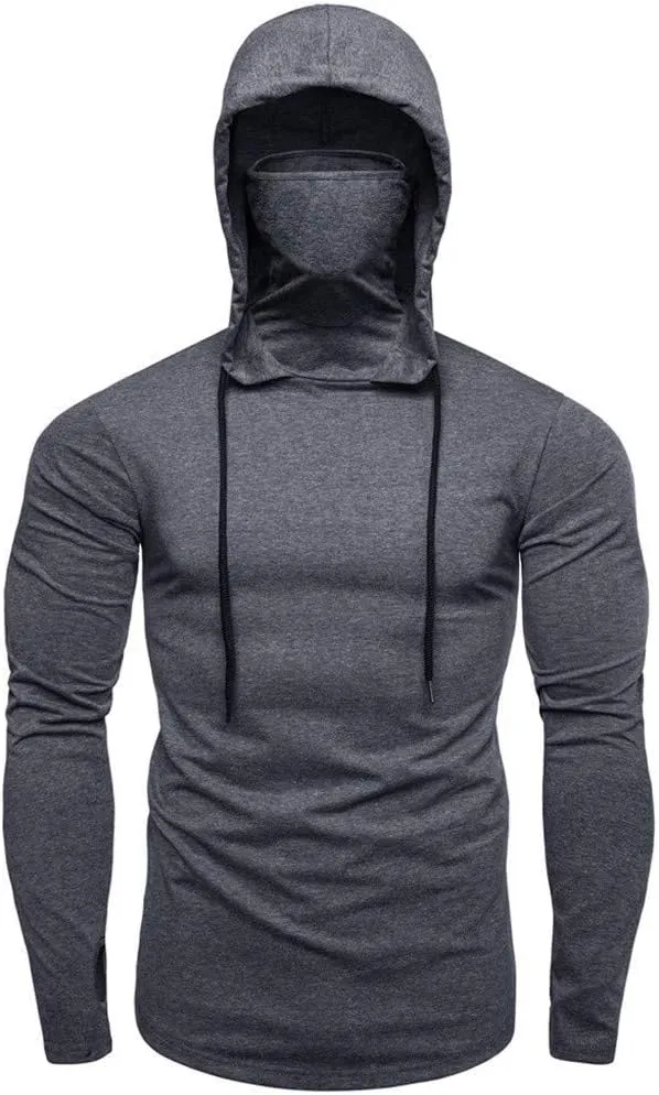 Hipster Workout Hooded Tops with Mask Novelty Casual Long Sleeve Hoodies Shirts Muscle Training Outdoor Pullover