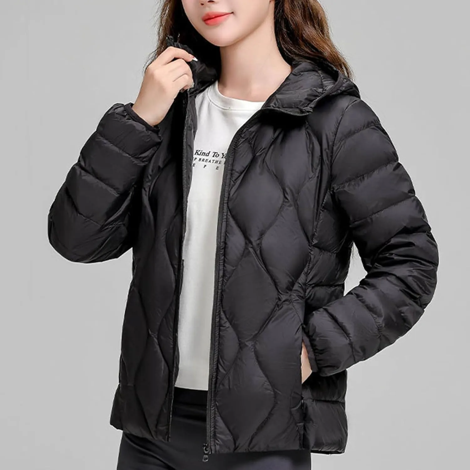 Hooded Quilted Jacket Women Lightweight Puffer Jacket Zip up Padded Coat Packable Down Jacket Warm Winter Coat