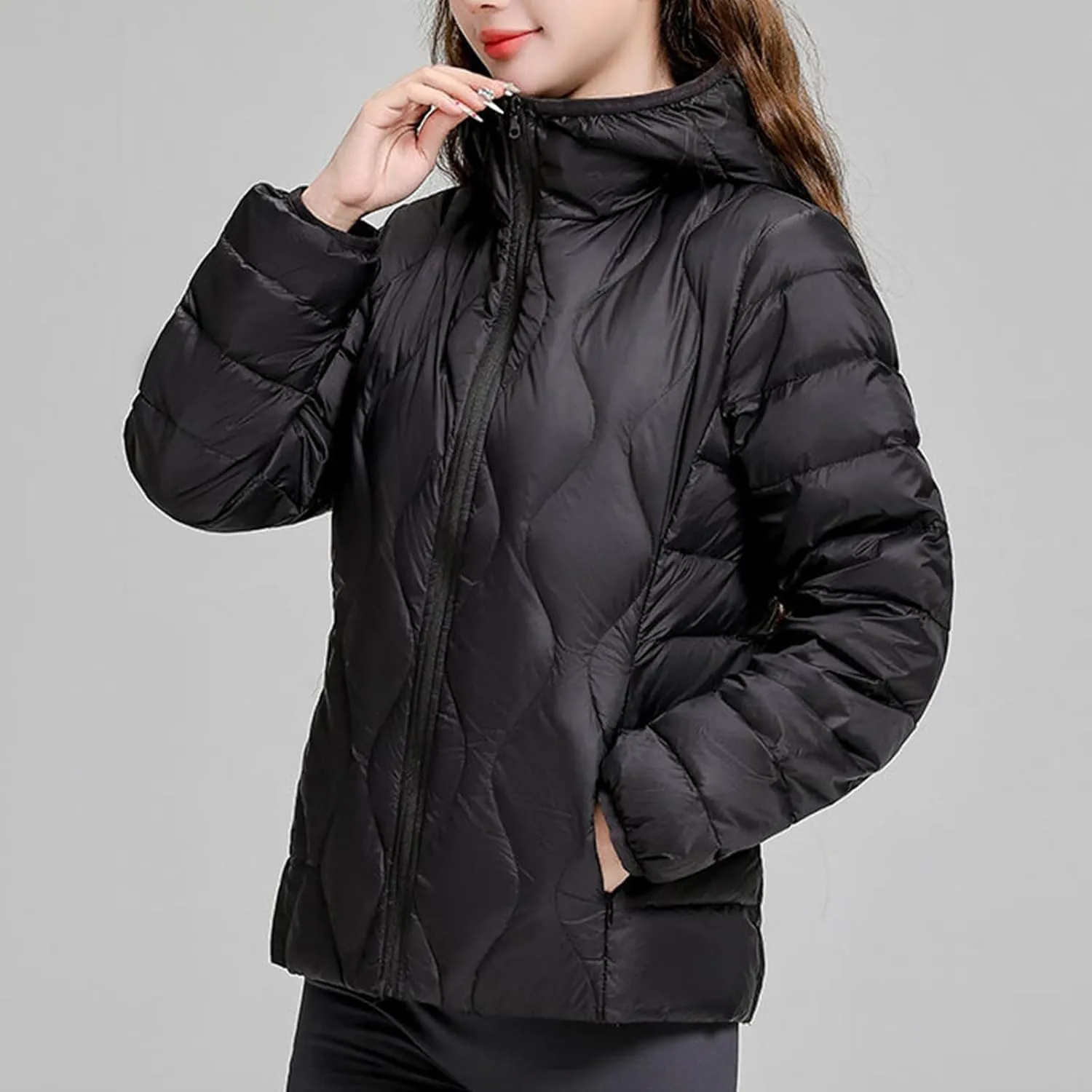 Hooded Quilted Jacket Women Lightweight Puffer Jacket Zip up Padded Coat Packable Down Jacket Warm Winter Coat