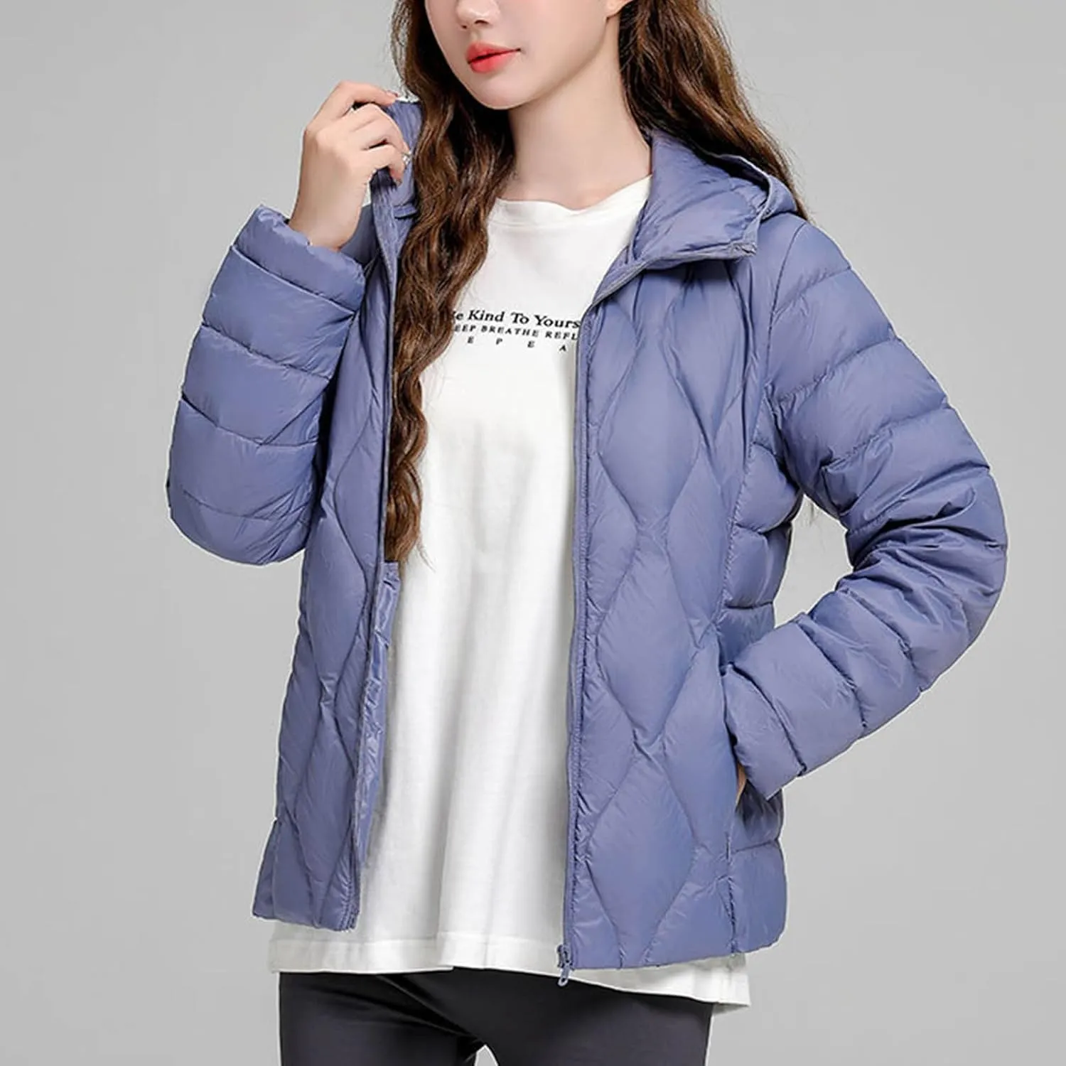 Hooded Quilted Jacket Women Lightweight Puffer Jacket Zip up Padded Coat Packable Down Jacket Warm Winter Coat