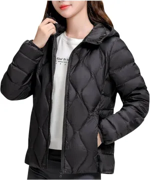 Hooded Quilted Jacket Women Lightweight Puffer Jacket Zip up Padded Coat Packable Down Jacket Warm Winter Coat