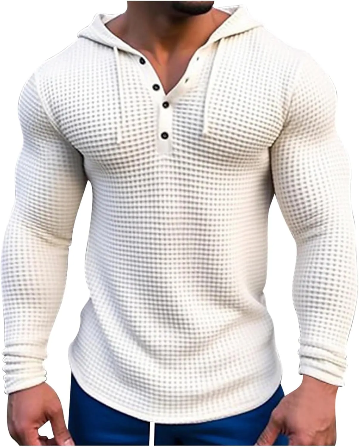 Hooded T Shirts for Men Waffle Knit Hoodie Sweatshirt Long Sleeve Button T-Shirt Silm Fit Fashion Casual Pullover Shirt