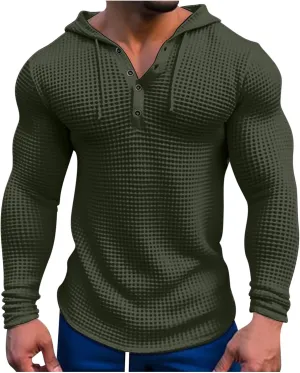 Hooded T Shirts for Men Waffle Knit Hoodie Sweatshirt Long Sleeve Button T-Shirt Silm Fit Fashion Casual Pullover Shirt