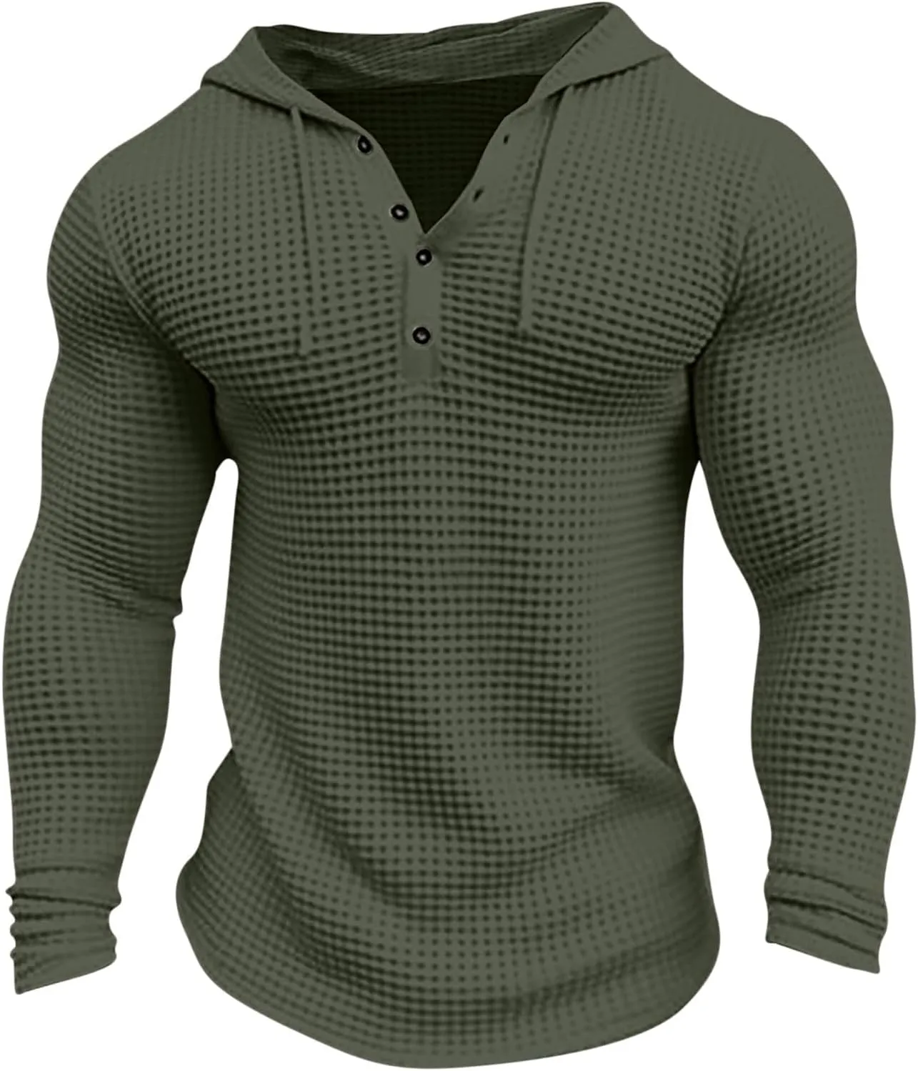Hooded T Shirts for Men Waffle Knit Hoodie Sweatshirt Long Sleeve Button T-Shirt Silm Fit Fashion Casual Pullover Shirt