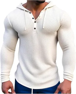 Hooded T Shirts for Men Waffle Knit Hoodie Sweatshirt Long Sleeve Button T-Shirt Silm Fit Fashion Casual Pullover Shirt