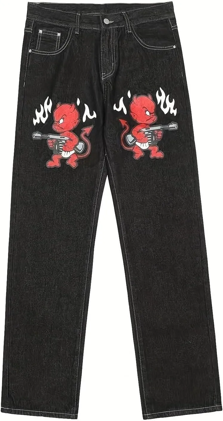 Jeans for Men Hop Jeans Vintage Straight Denim Pants Devil Printed Jean Trousers Taper Jean Straight Fit Jeans for