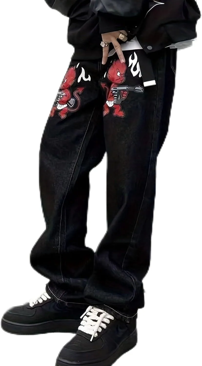 Jeans for Men Hop Jeans Vintage Straight Denim Pants Devil Printed Jean Trousers Taper Jean Straight Fit Jeans for