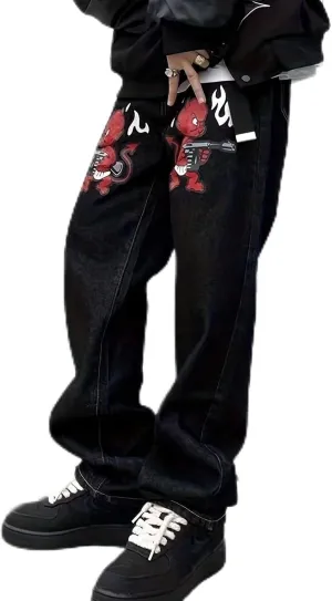 Jeans for Men Hop Jeans Vintage Straight Denim Pants Devil Printed Jean Trousers Taper Jean Straight Fit Jeans for