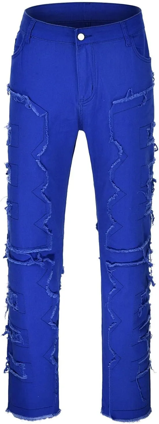 Jeans for Men Relaxed Fit Men's Slim Fit Stretch Jeans Distressed Patchwork Stacked Frayed Straight Leg Skinny Denim