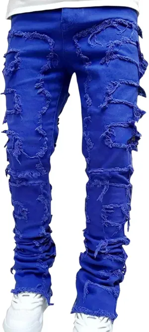 Jeans for Men Relaxed Fit Men's Slim Fit Stretch Jeans Distressed Patchwork Stacked Frayed Straight Leg Skinny Denim