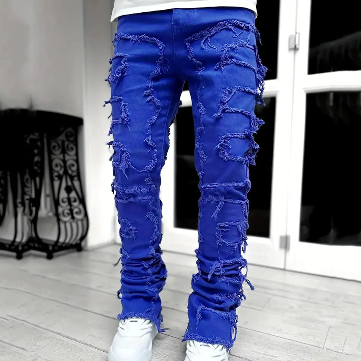 Jeans for Men Relaxed Fit Men's Slim Fit Stretch Jeans Distressed Patchwork Stacked Frayed Straight Leg Skinny Denim