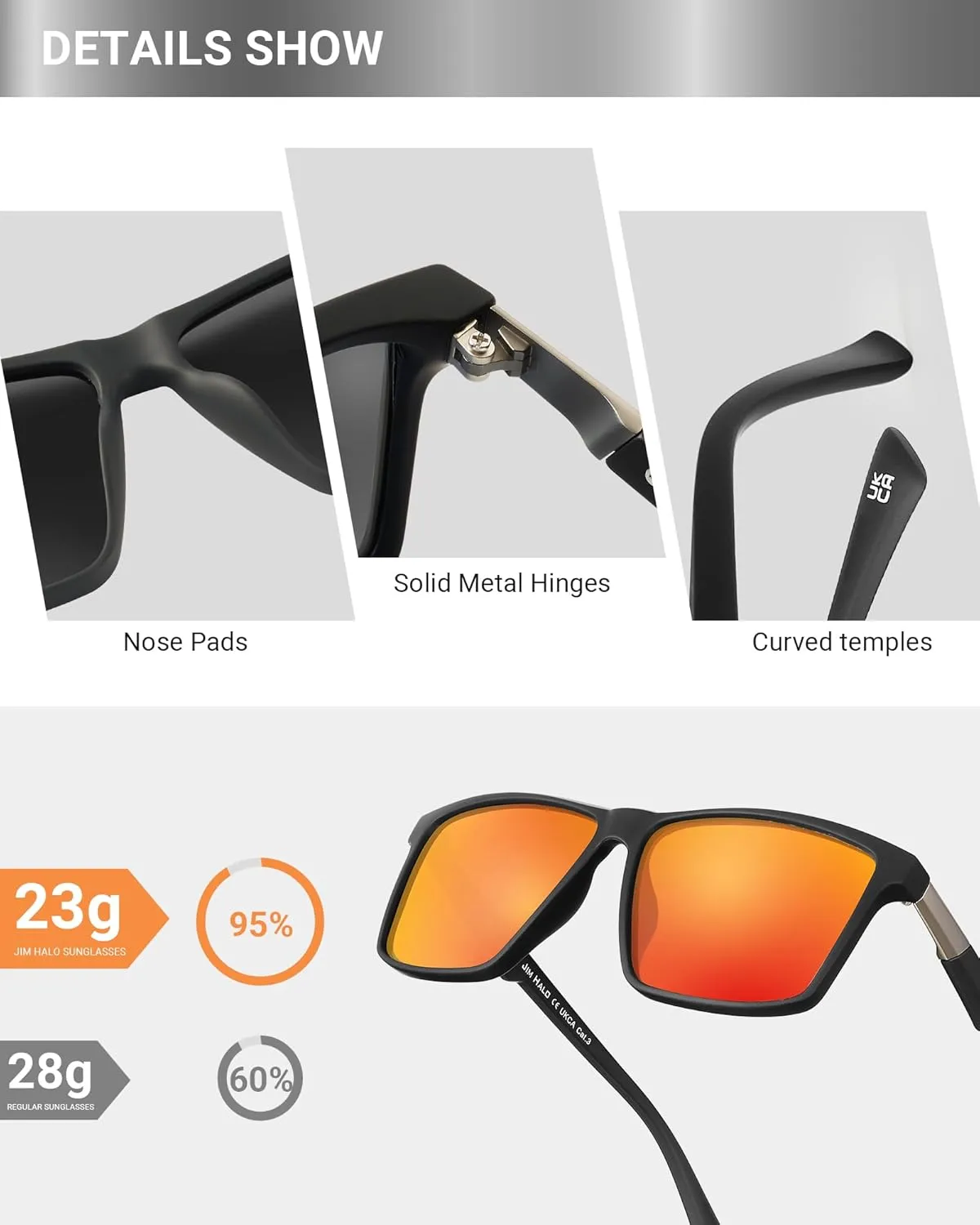 JIM HALO Retro Polarized Sunglasses for Men Women Square Lightweight Sun Glasses for Driving Fishing UV400 Protection