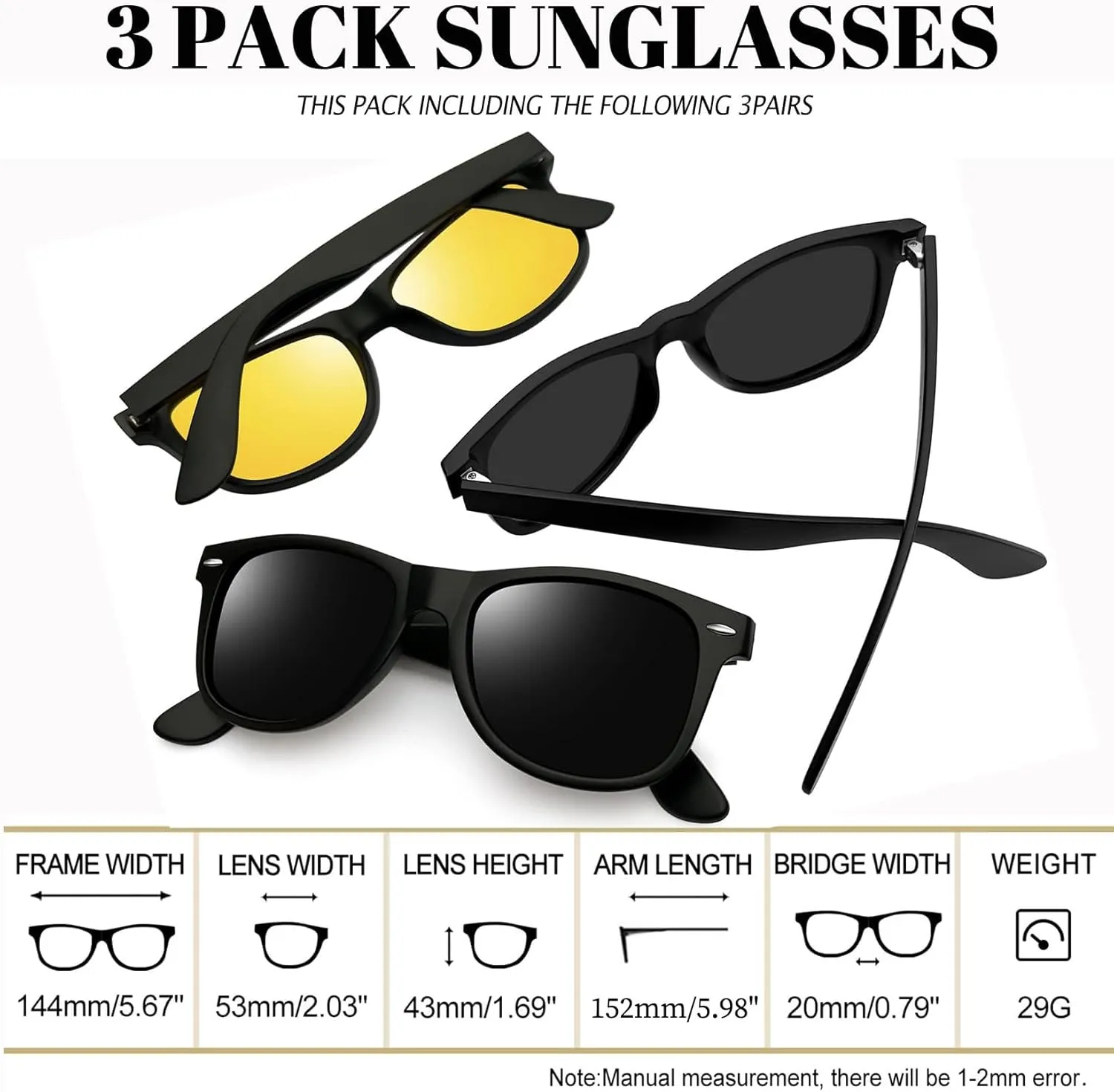 Joopin 3 Pack Square Sunglasses Polarized UV Protection Trendy Sun Glassses Fashion Shades for Women Men