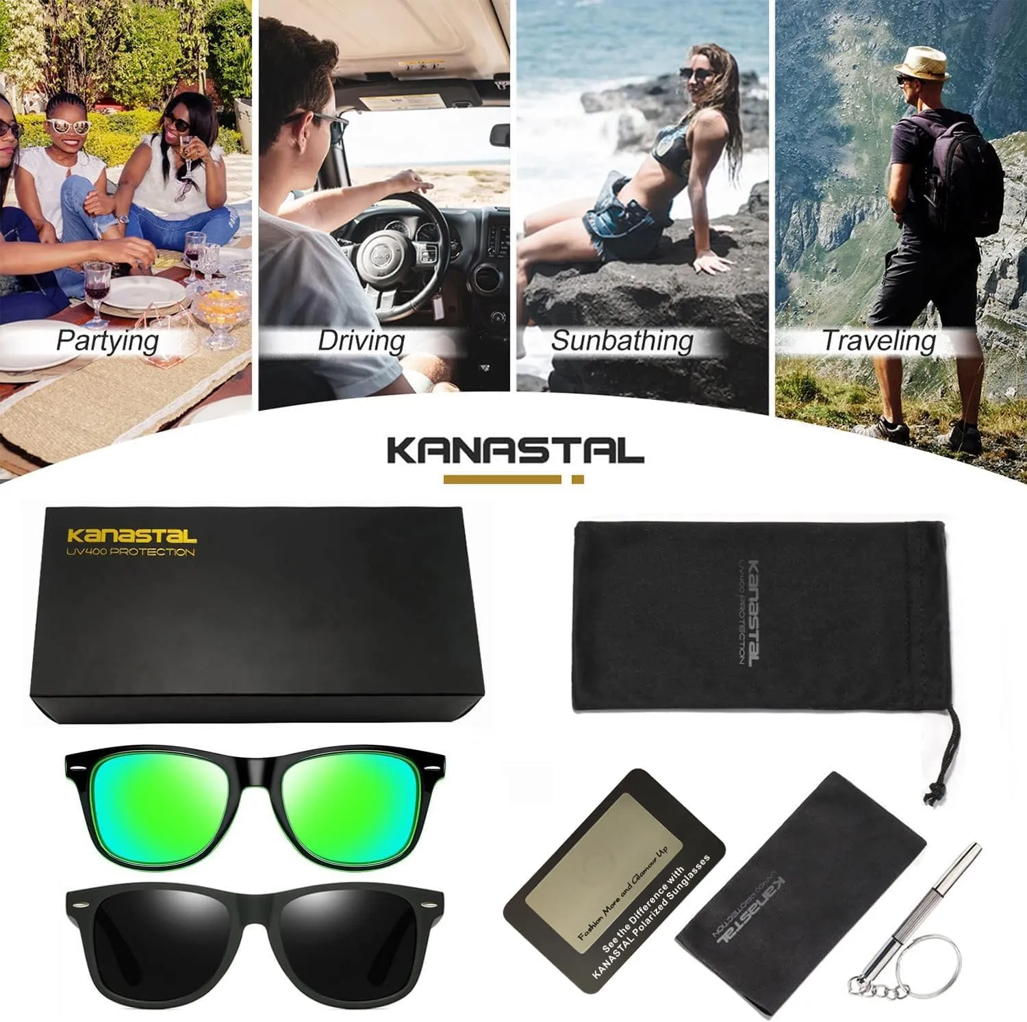 KANASTAL Polarized Sunglasses for Men Women with UV400 Protection Classic Square Sun Glasses Fashion Trendy Shades 2 Pack