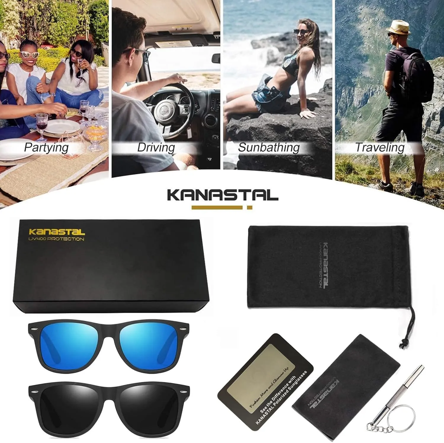 KANASTAL Polarized Sunglasses for Men Women with UV400 Protection Classic Square Sun Glasses Fashion Trendy Shades 2 Pack
