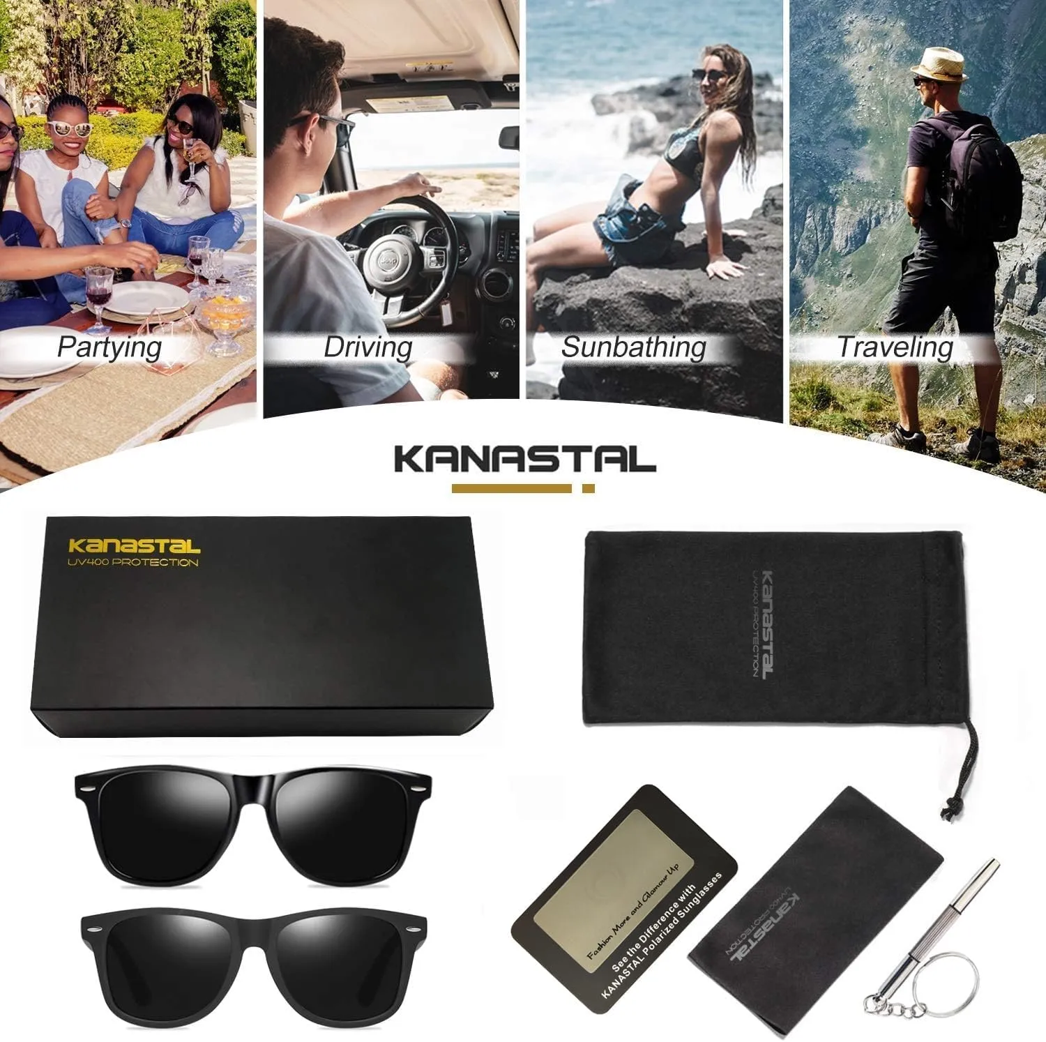 KANASTAL Polarized Sunglasses for Men Women with UV400 Protection Classic Square Sun Glasses Fashion Trendy Shades 2 Pack