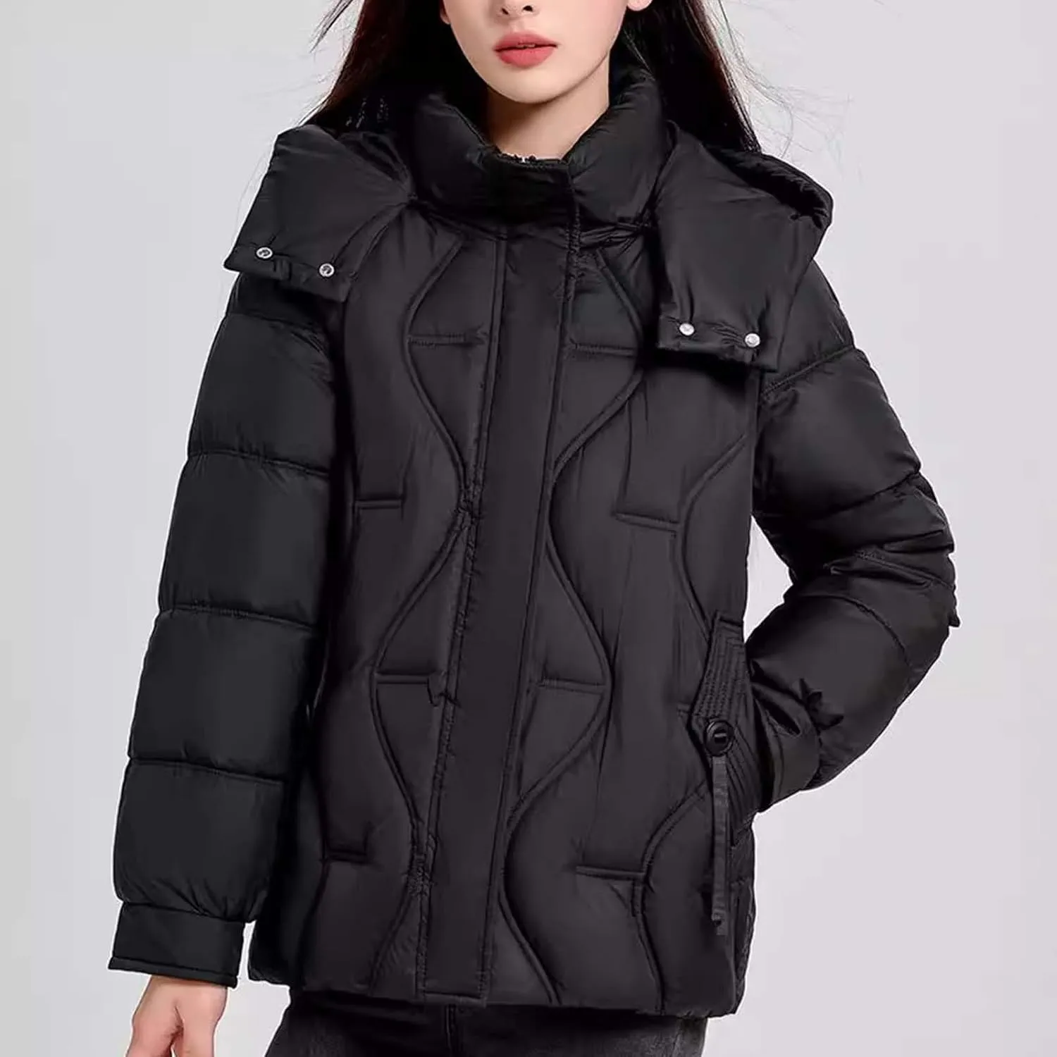 Lightweight Puffer Jacket Women Hooded Down Jacket Quilted Insulated Jacket Long Sleeve Winter Coat with Pockets