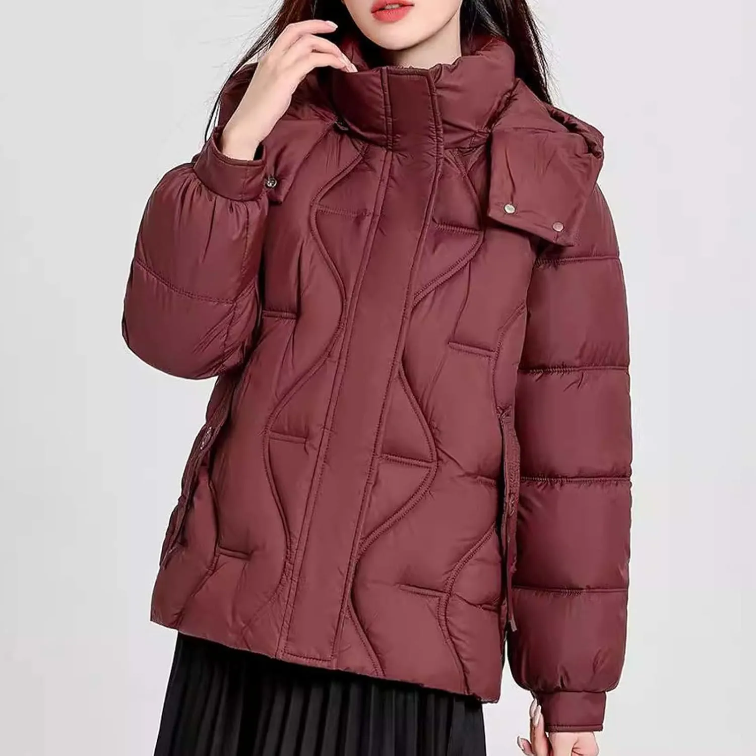 Lightweight Puffer Jacket Women Hooded Down Jacket Quilted Insulated Jacket Long Sleeve Winter Coat with Pockets