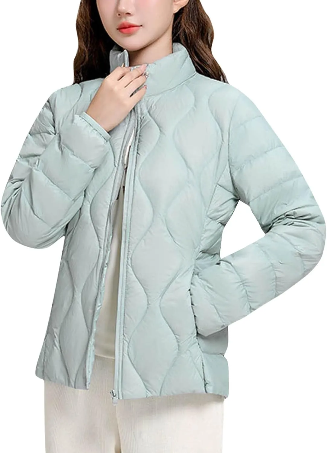 Lightweight Quilted Jackets for Women Stand Collar Jacket Zip up Puffer Jacket Padded Down Jacket with Pockets
