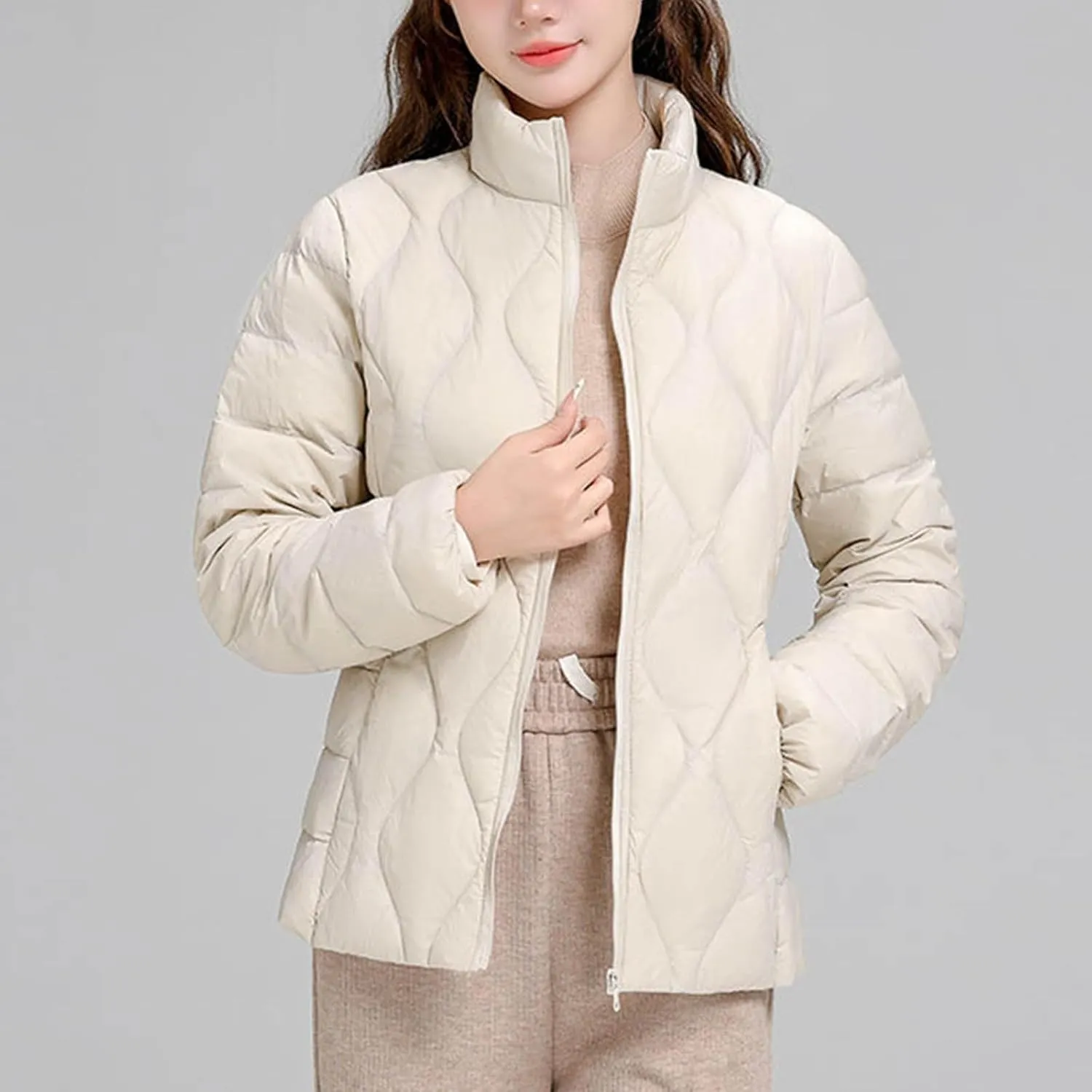 Lightweight Quilted Jackets for Women Stand Collar Jacket Zip up Puffer Jacket Padded Down Jacket with Pockets