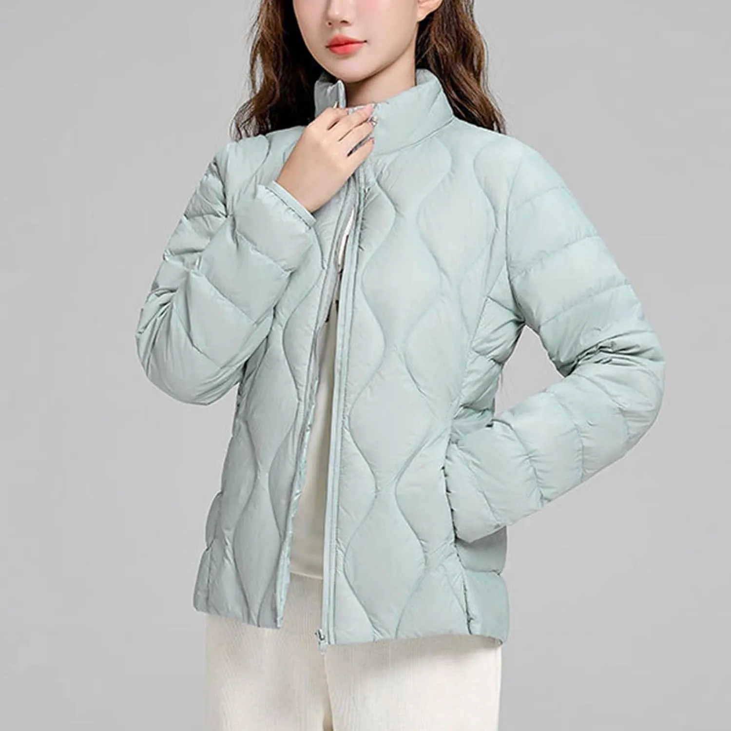 Lightweight Quilted Jackets for Women Stand Collar Jacket Zip up Puffer Jacket Padded Down Jacket with Pockets