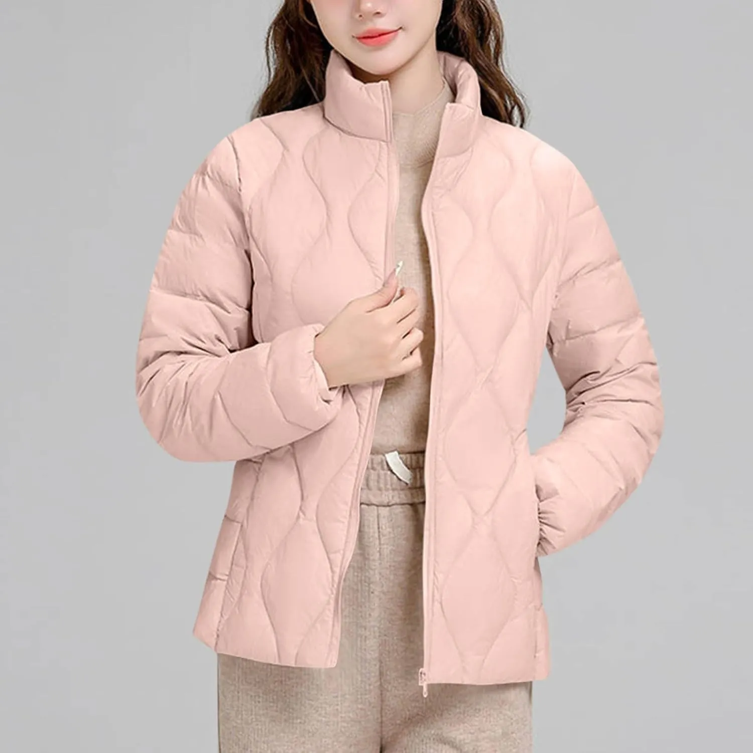 Lightweight Quilted Jackets for Women Stand Collar Jacket Zip up Puffer Jacket Padded Down Jacket with Pockets