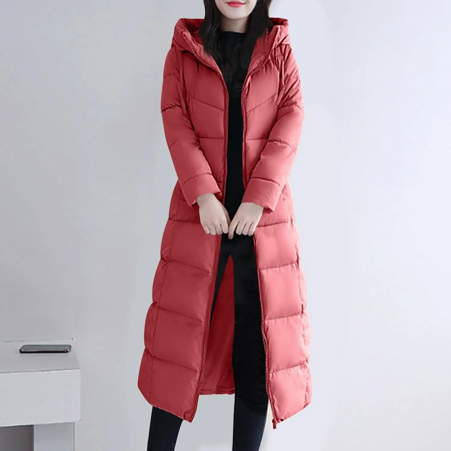 Lmdudan Plus Size Long Quilted Coat for Women Puffer Jackets Hooded Zip Up Casual Thickened Down Jacket Warm Comfy Outerwear