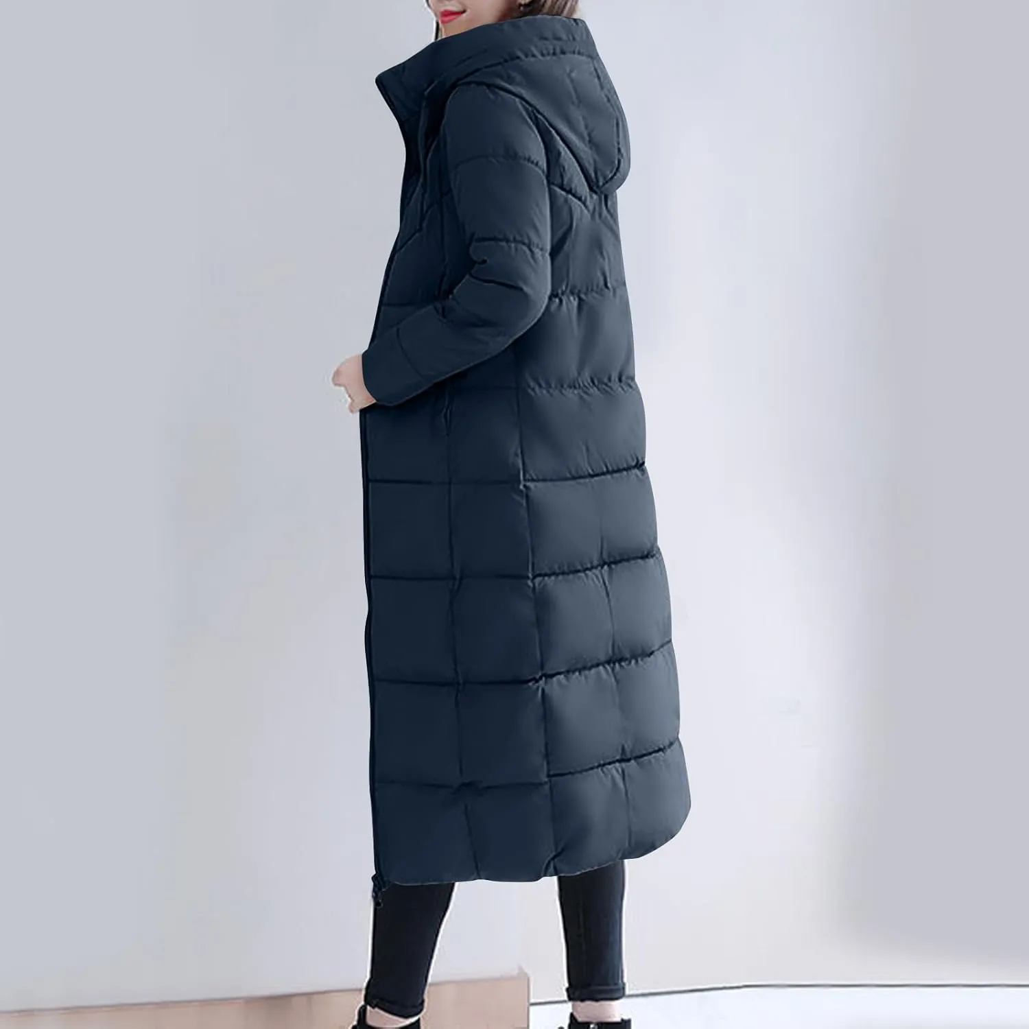 Lmdudan Plus Size Long Quilted Coat for Women Puffer Jackets Hooded Zip Up Casual Thickened Down Jacket Warm Comfy Outerwear