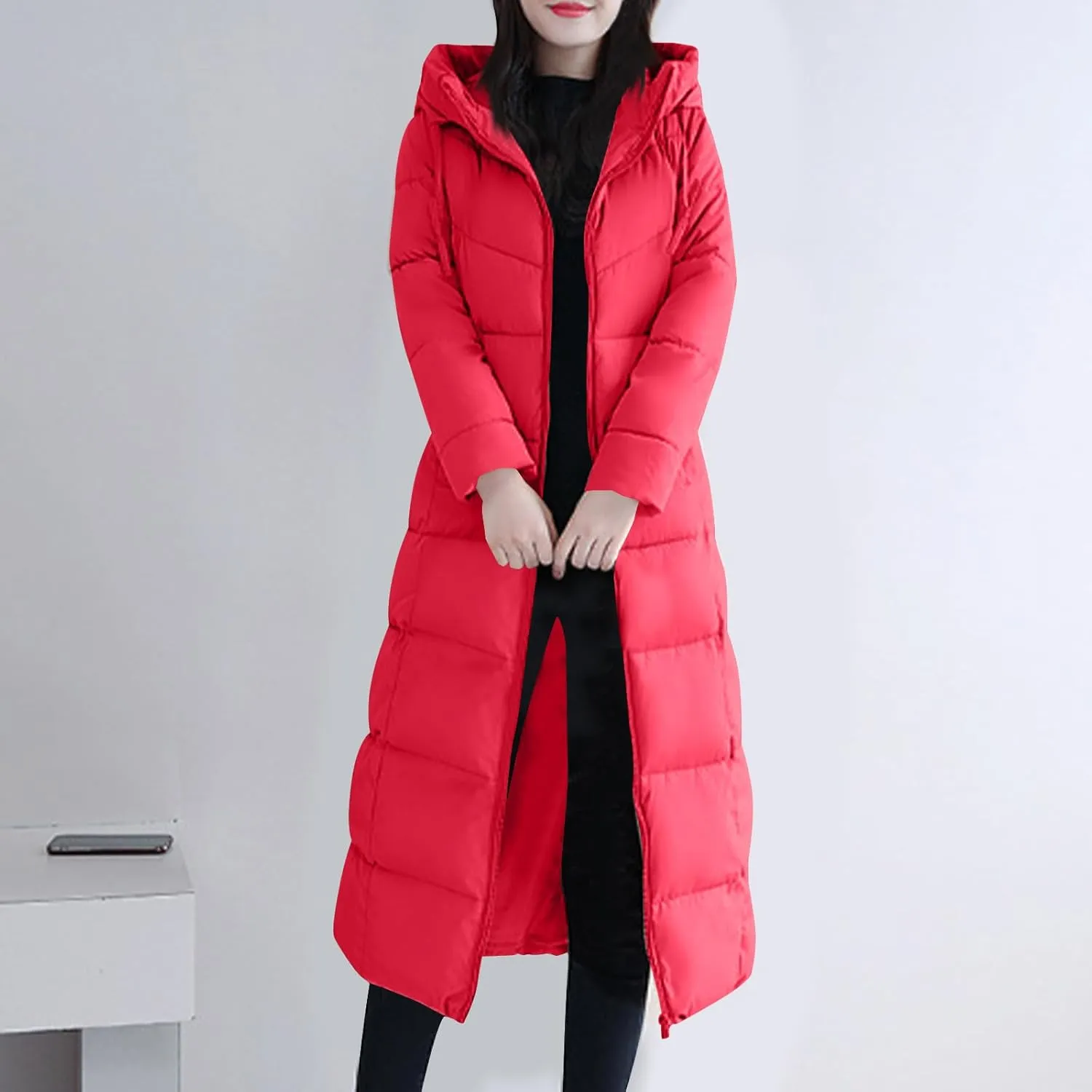 Lmdudan Plus Size Long Quilted Coat for Women Puffer Jackets Hooded Zip Up Casual Thickened Down Jacket Warm Comfy Outerwear