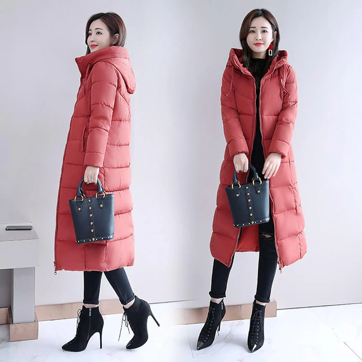 Lmdudan Plus Size Long Quilted Coat for Women Puffer Jackets Hooded Zip Up Casual Thickened Down Jacket Warm Comfy Outerwear