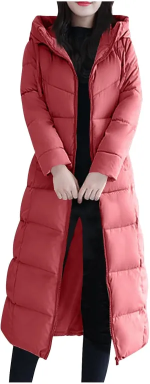 Lmdudan Plus Size Long Quilted Coat for Women Puffer Jackets Hooded Zip Up Casual Thickened Down Jacket Warm Comfy Outerwear