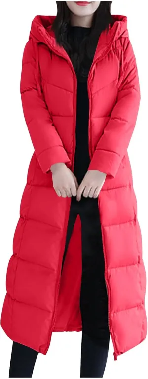 Lmdudan Plus Size Long Quilted Coat for Women Puffer Jackets Hooded Zip Up Casual Thickened Down Jacket Warm Comfy Outerwear