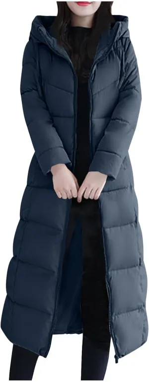 Lmdudan Plus Size Long Quilted Coat for Women Puffer Jackets Hooded Zip Up Casual Thickened Down Jacket Warm Comfy Outerwear