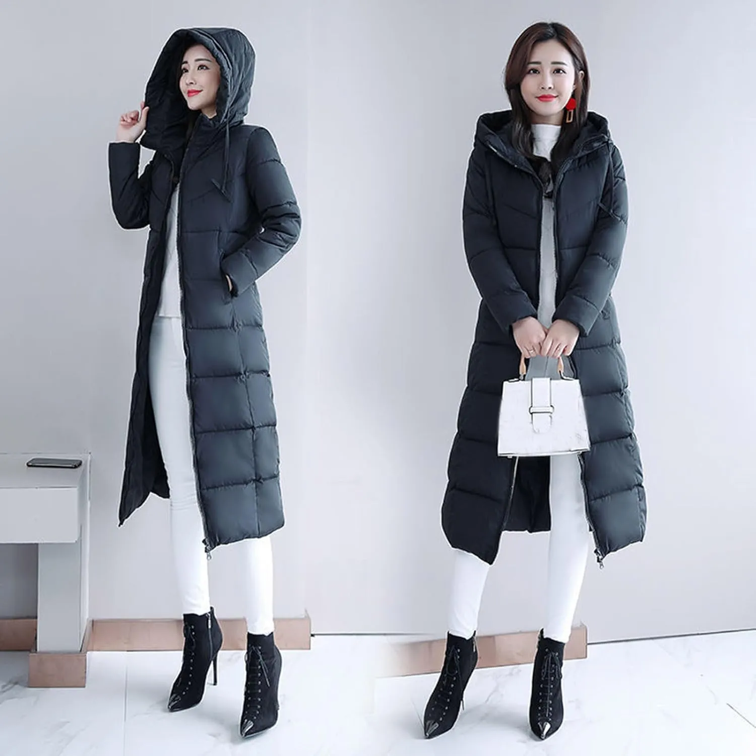 Lmdudan Plus Size Long Quilted Coat for Women Puffer Jackets Hooded Zip Up Casual Thickened Down Jacket Warm Comfy Outerwear