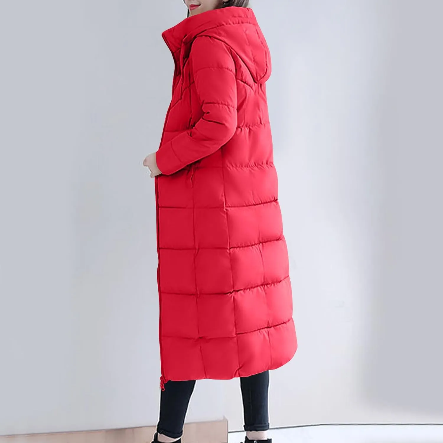 Lmdudan Plus Size Long Quilted Coat for Women Puffer Jackets Hooded Zip Up Casual Thickened Down Jacket Warm Comfy Outerwear