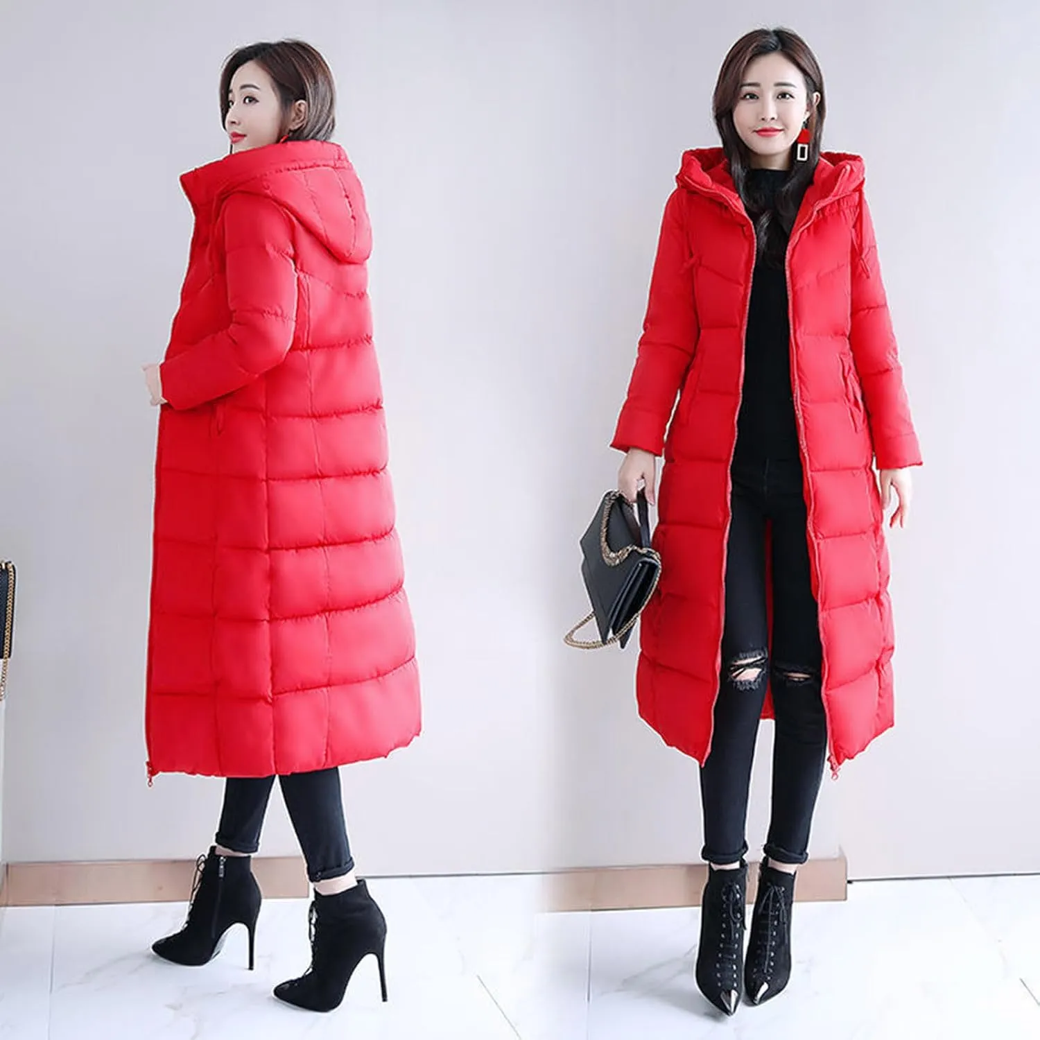 Lmdudan Plus Size Long Quilted Coat for Women Puffer Jackets Hooded Zip Up Casual Thickened Down Jacket Warm Comfy Outerwear