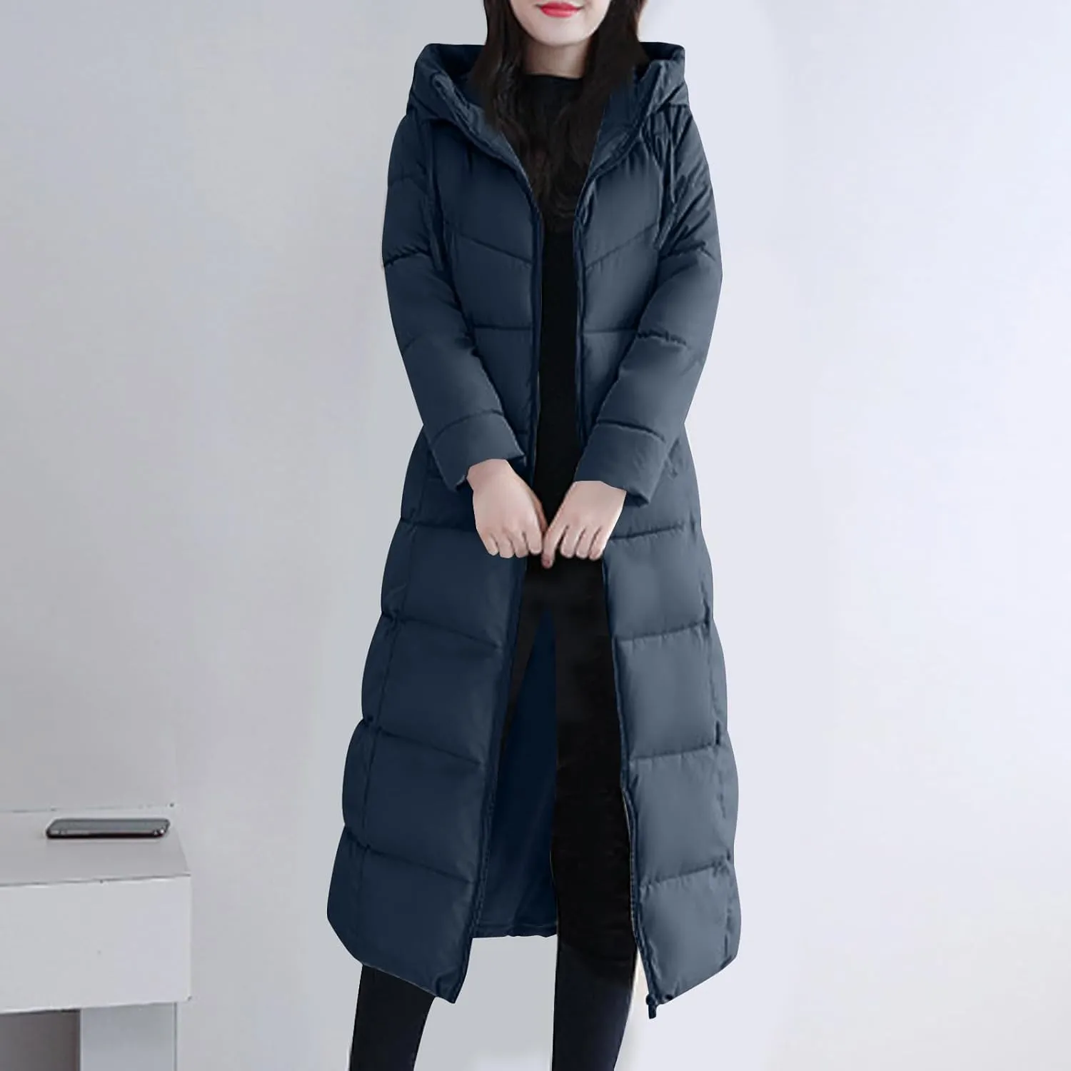 Lmdudan Plus Size Long Quilted Coat for Women Puffer Jackets Hooded Zip Up Casual Thickened Down Jacket Warm Comfy Outerwear