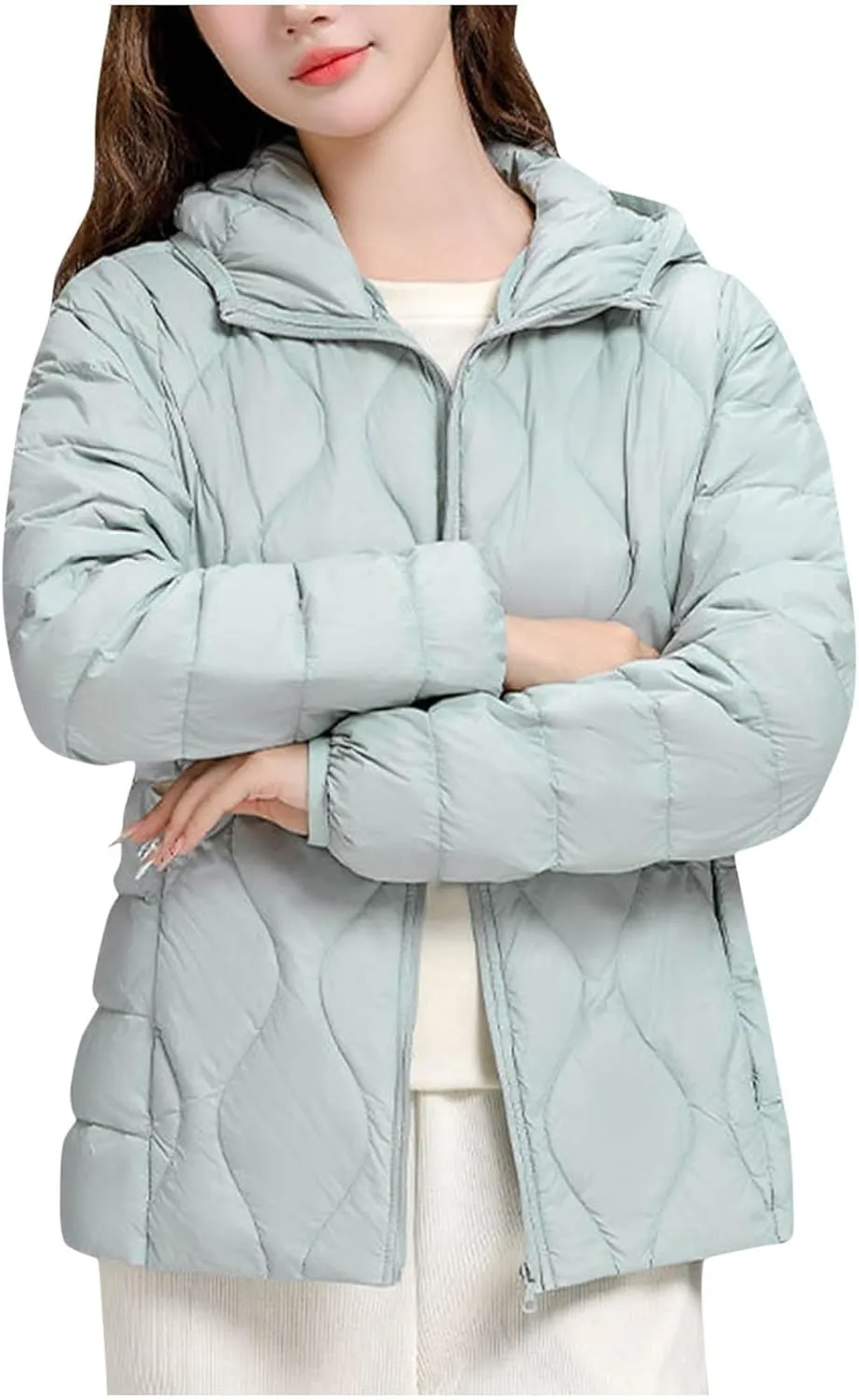 Lmdudan Plus Size Womens Quilted Jacket Lightweight Long Sleeve Hooded Puffer Jackets 2024 Winter Warm Down Coat Outerwear