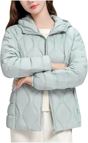 Lmdudan Plus Size Womens Quilted Jacket Lightweight Long Sleeve Hooded Puffer Jackets 2024 Winter Warm Down Coat Outerwear